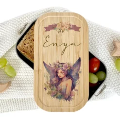 Brotdose "Fee" wählbar in Edelstahl mit Bambusdeckel und Namen für Mädchen | Brotbox Elfe | Personalisiertes Geschenk für Kinder