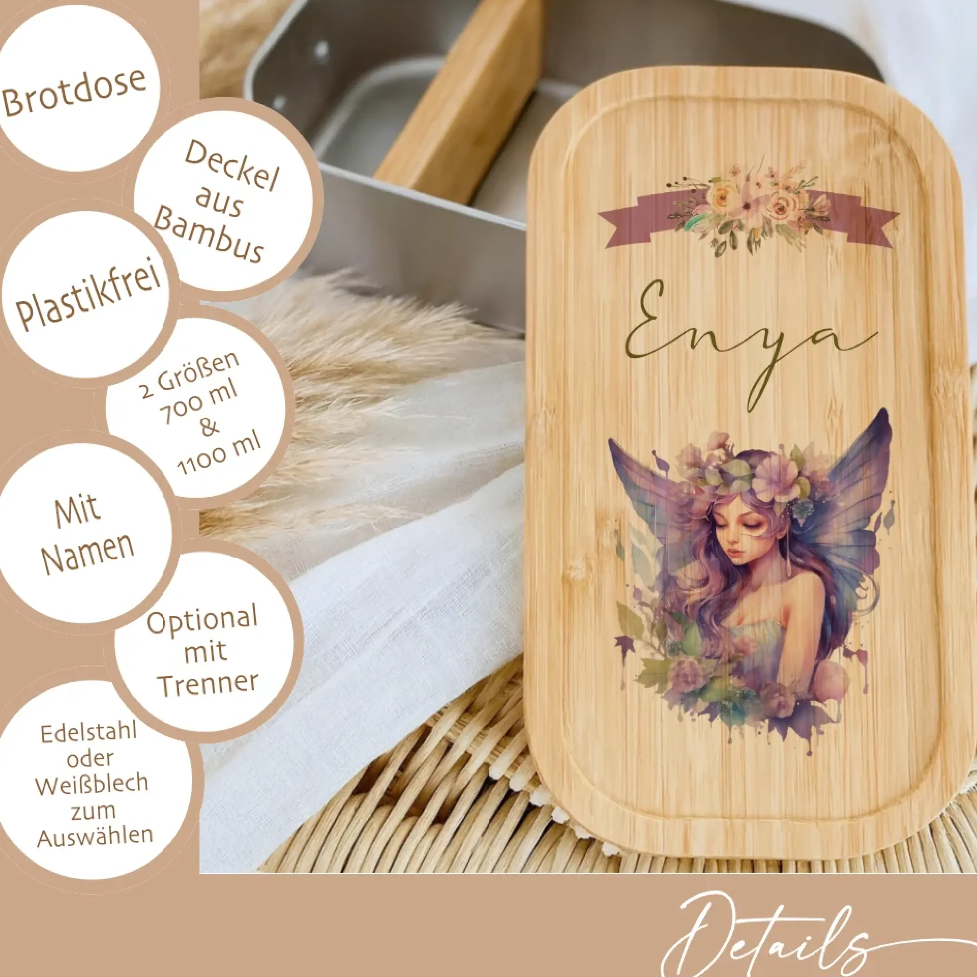Brotdose "Fee" wählbar in Edelstahl mit Bambusdeckel und Namen für Mädchen | Brotbox Elfe | Personalisiertes Geschenk für Kinder