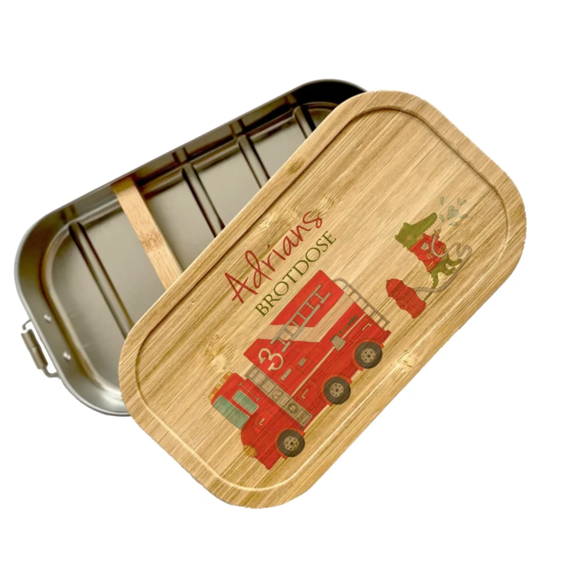 Brotdose "Feuerwehr" mit Bambusdeckel und Namen für Jungen und Mädchen | Lunchbox mit Motiv Feuerwehr | Personalisierte Geschenkidee für Kinder