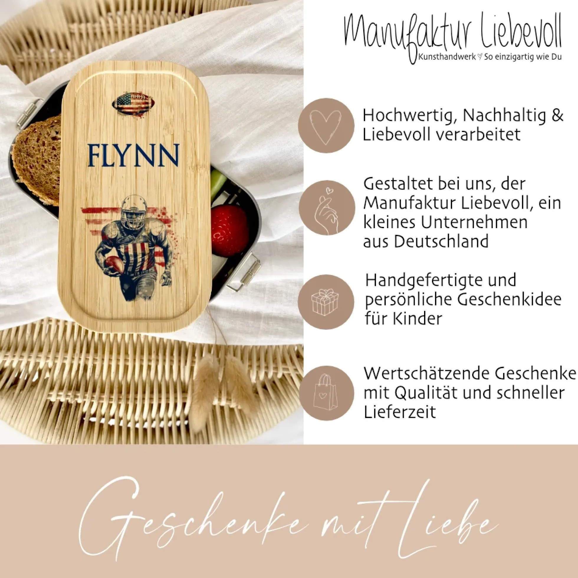 Brotdose "Football" wählbar in Edelstahl mit Bambusdeckel und Namen für Kinder und Teenager | Brotbox mit Footballspieler | Personalisiertes Geschenk für Kinder