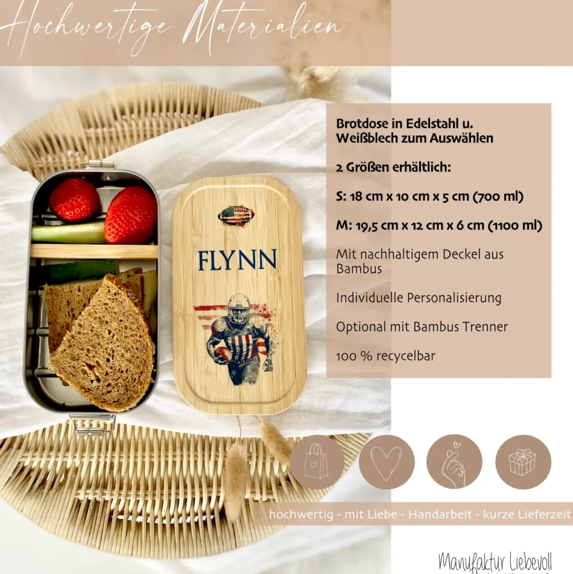 Brotdose "Football" wählbar in Edelstahl mit Bambusdeckel und Namen für Kinder und Teenager | Brotbox mit Footballspieler | Personalisiertes Geschenk für Kinder