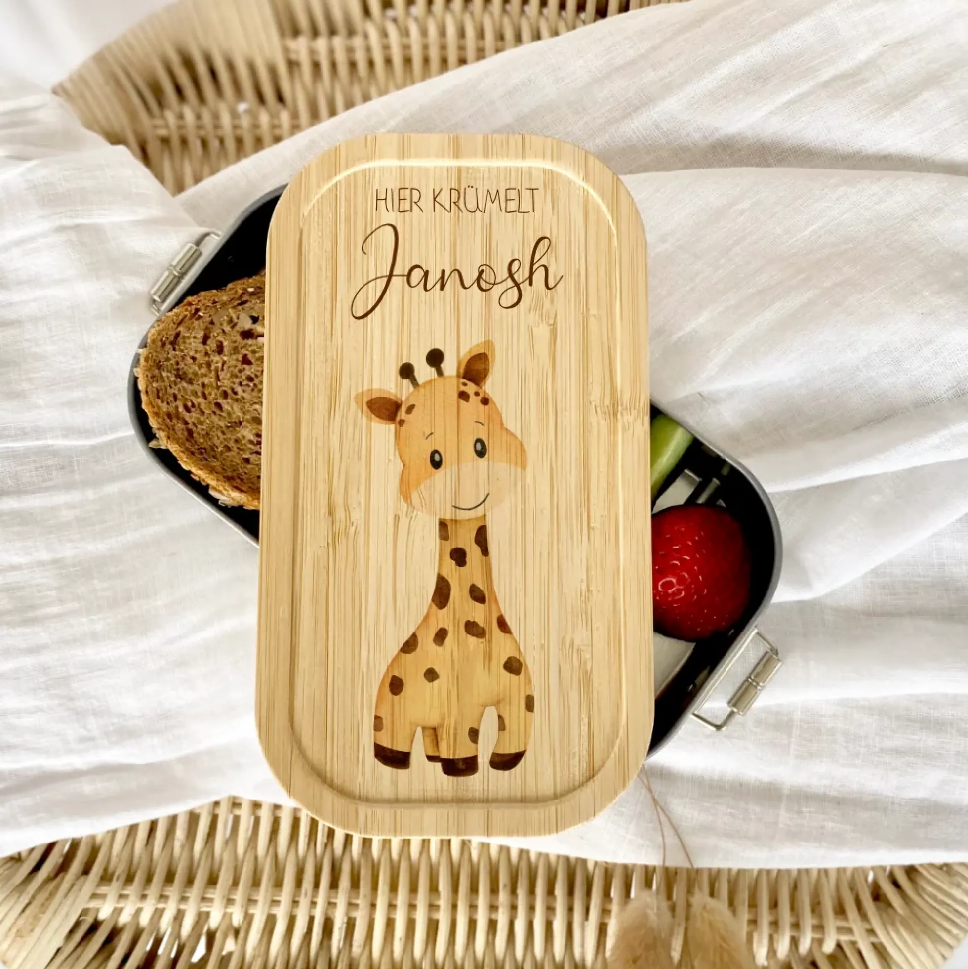 Brotdose "Giraffe" wählbar in Edelstahl mit Bambusdeckel und Namen für Kinder | Lunchbox "Safari" | Personalisiertes Geschenk für Kinder