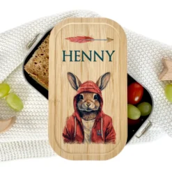 Brotdose "Hase" wählbar in Edelstahl mit Bambusdeckel und Namen für Kinder u. Teenager | Brotdose mit coolem Hasen Motiv | Personalisiertes Geschenk für Kinder