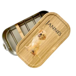Brotdose "Hund " mit Tiermotiv und Bambusdeckel mit Namen für Kinder | Lunchbox mit Welpen | Personalisierte Geschenkidee für Mädchen u. Jungen