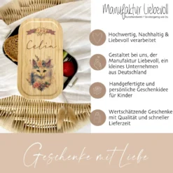 Brotdose "Katze" wählbar in Edelstahl mit Bambusdeckel und Namen für Mädchen | vintage Brotbox | Personalisiertes Geschenk für Kinder