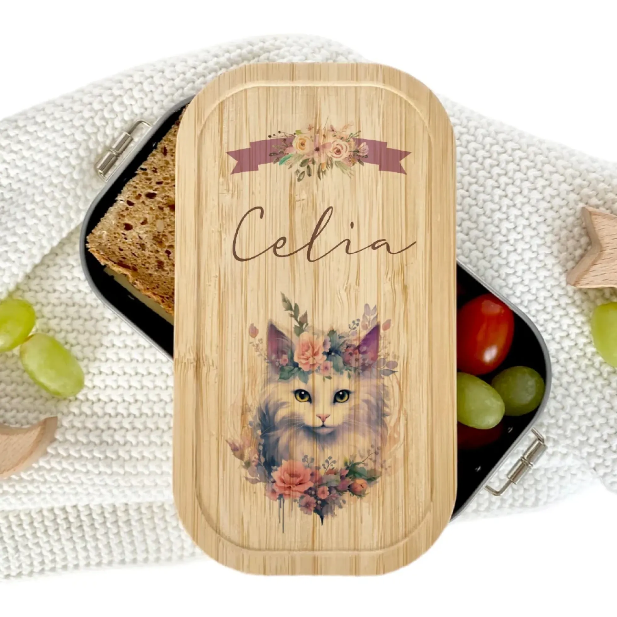Brotdose "Katze" wählbar in Edelstahl mit Bambusdeckel und Namen für Mädchen | vintage Brotbox | Personalisiertes Geschenk für Kinder
