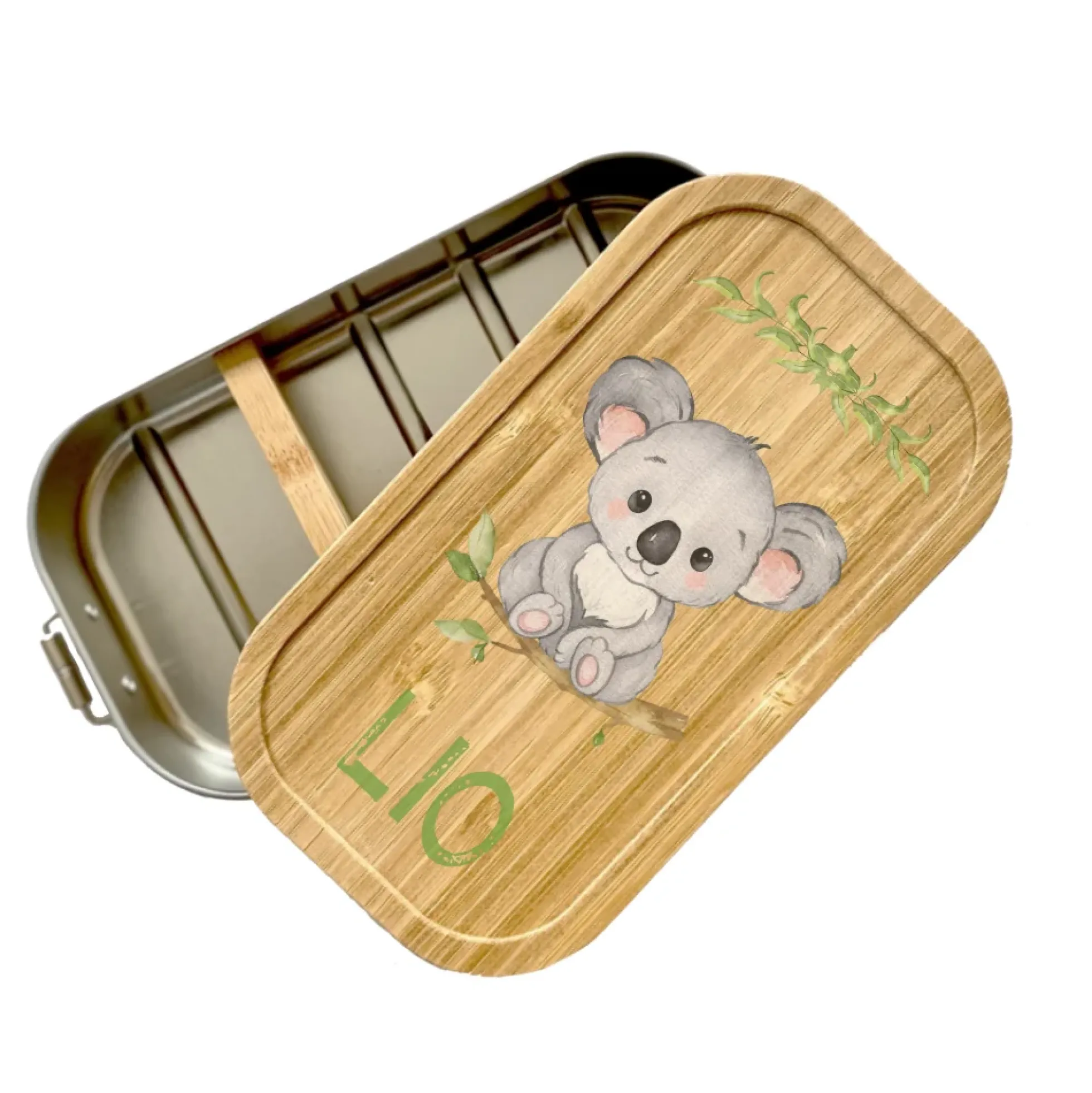 Brotdose "Koala" mit Bambusdeckel und Namen für Kinder | Lunchbox mit Koalabär Tiermotiv | Personalisiertes Geschenk für Mädchen u. Jungen