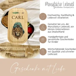 Brotdose "Löwe" wählbar in Edelstahl mit Bambusdeckel und Namen für Kinder | Brotbox mit Tier Motiv | Personalisiertes Geschenk für Kinder