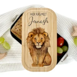 Brotdose "Löwe" wählbar in Edelstahl mit Bambusdeckel und Namen für Kinder | Brotdose mit Tier Safari Motiv | Personalisiertes Geschenk für Kinder