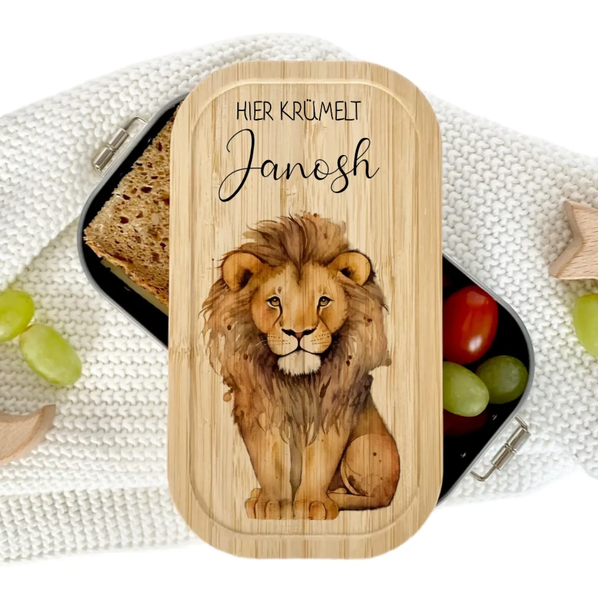 Brotdose "Löwe" wählbar in Edelstahl mit Bambusdeckel und Namen für Kinder | Brotdose mit Tier Safari Motiv | Personalisiertes Geschenk für Kinder