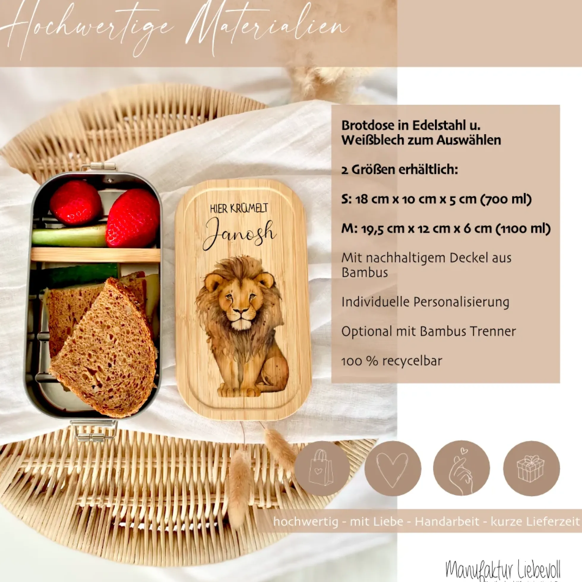 Brotdose "Löwe" wählbar in Edelstahl mit Bambusdeckel und Namen für Kinder | Brotdose mit Tier Safari Motiv | Personalisiertes Geschenk für Kinder