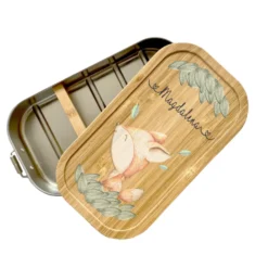 Brotdose mit Namen für Mädchen u. Jungen | Wählbar in Edelstahl | Lunchbox mit Motiv "Fuchs" | Personalisiertes Geschenk für Kinder