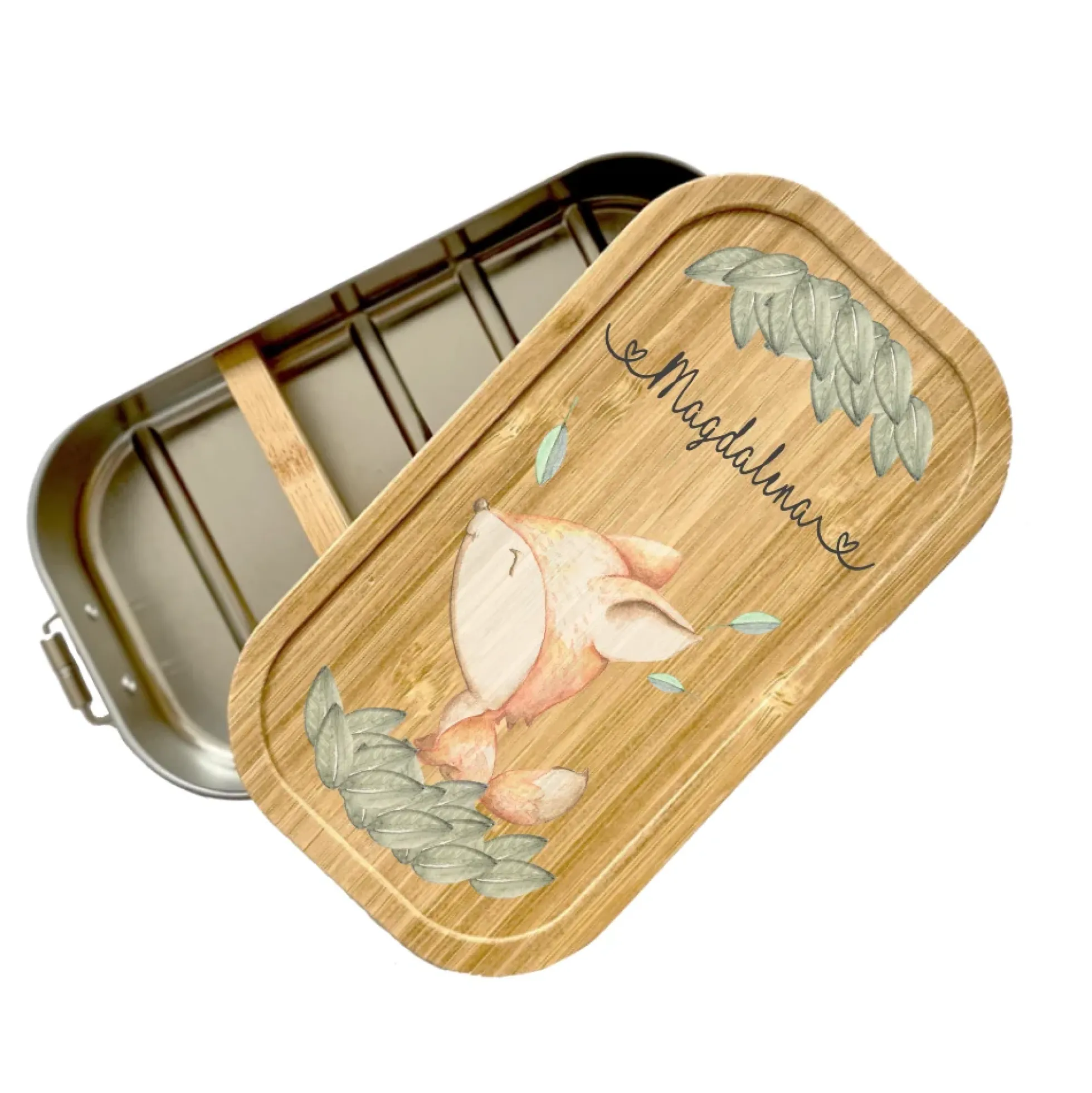 Brotdose mit Namen für Mädchen u. Jungen | Wählbar in Edelstahl | Lunchbox mit Motiv "Fuchs" | Personalisiertes Geschenk für Kinder