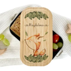 Brotdose mit Namen für Mädchen u. Jungen | Wählbar in Edelstahl | Lunchbox mit Motiv "Fuchs" | Personalisiertes Geschenk für Kinder