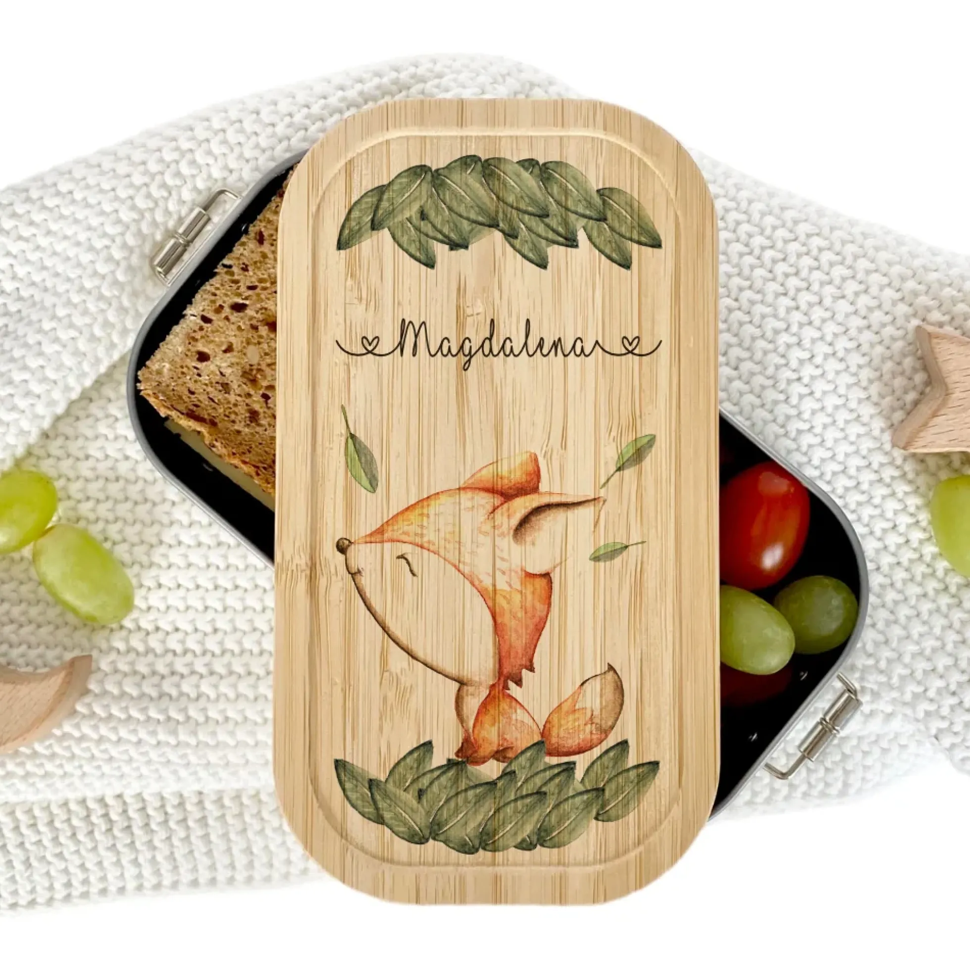 Brotdose mit Namen für Mädchen u. Jungen | Wählbar in Edelstahl | Lunchbox mit Motiv "Fuchs" | Personalisiertes Geschenk für Kinder