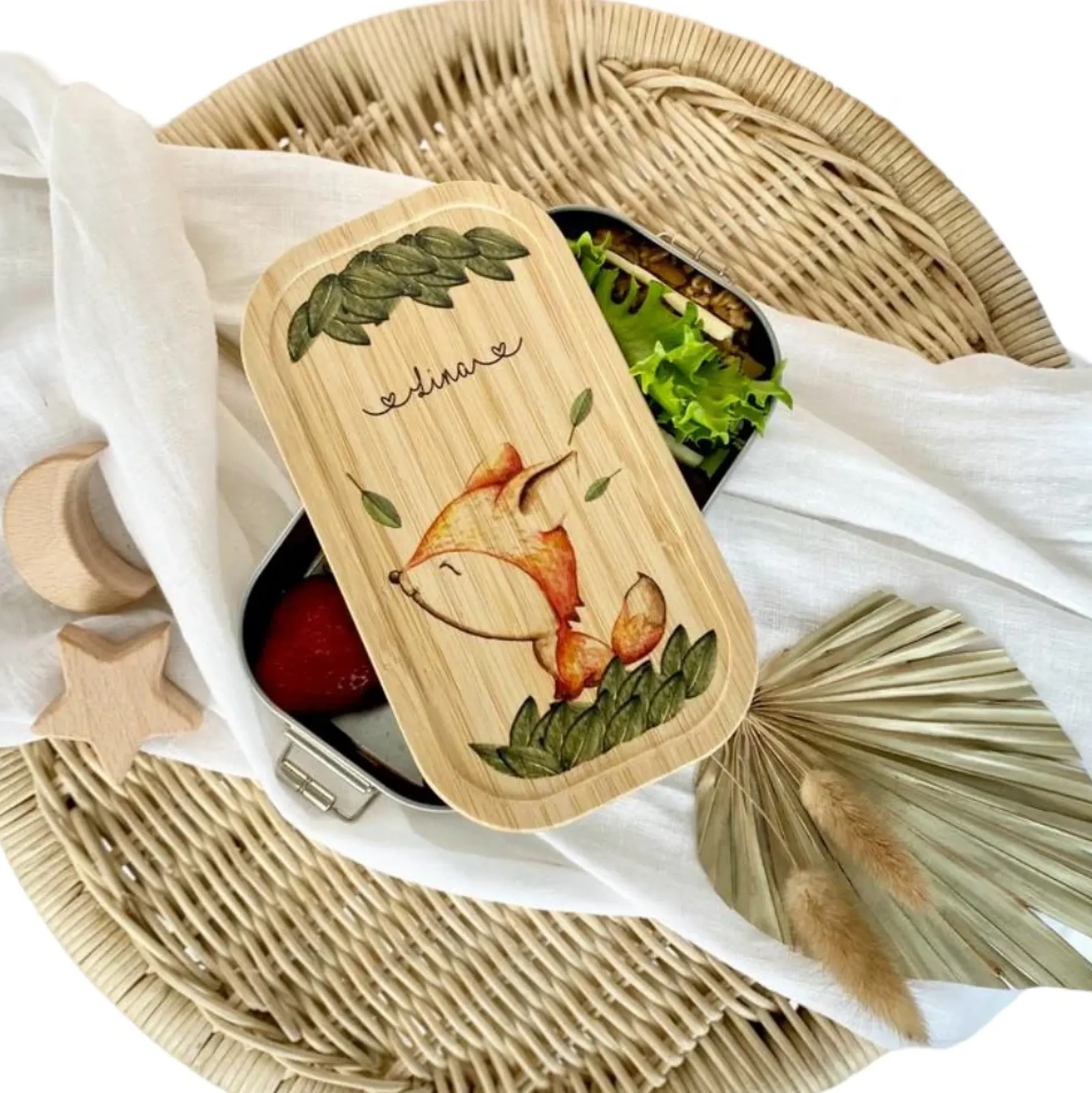 Brotdose mit Namen für Mädchen u. Jungen | Wählbar in Edelstahl | Lunchbox mit Motiv "Fuchs" | Personalisiertes Geschenk für Kinder