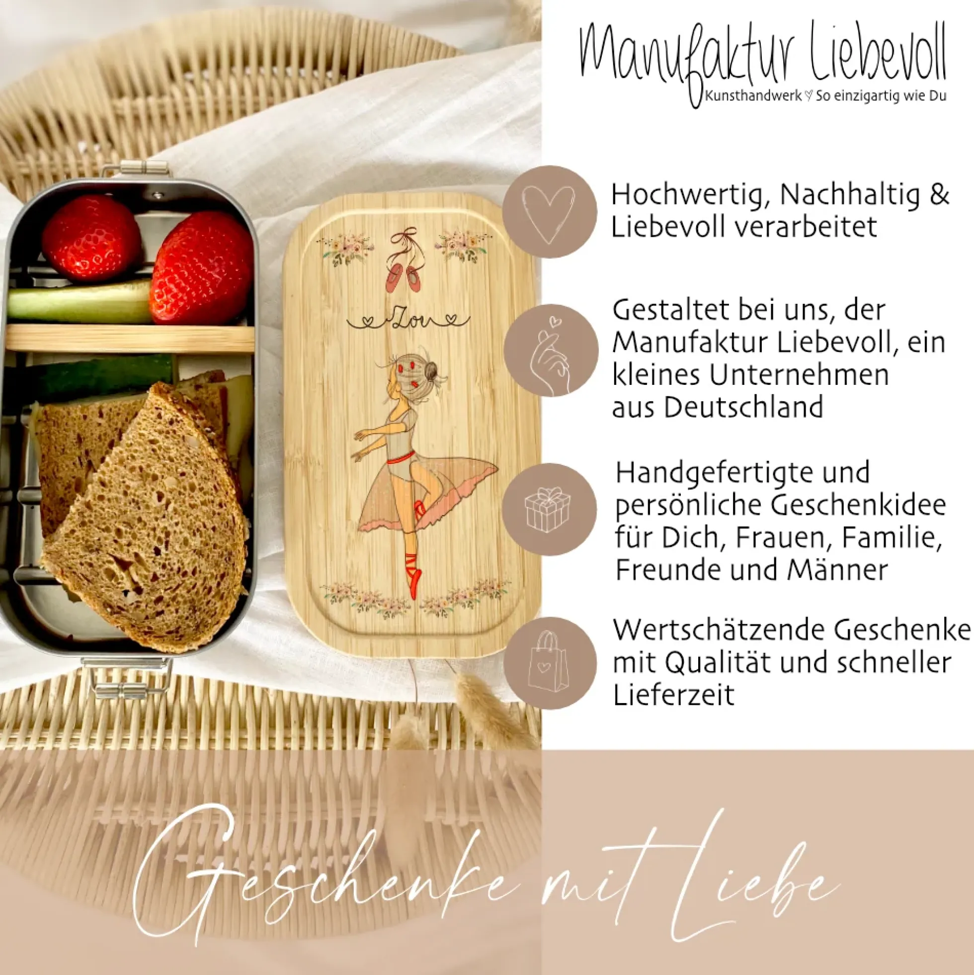 Brotdose mit Namen für Mädchen und Jungen | Lunchbox mit Motiv "Ballerina" | Wählbar in Edelstahl | Personalisiertes Geschenk zum Thema Ballett