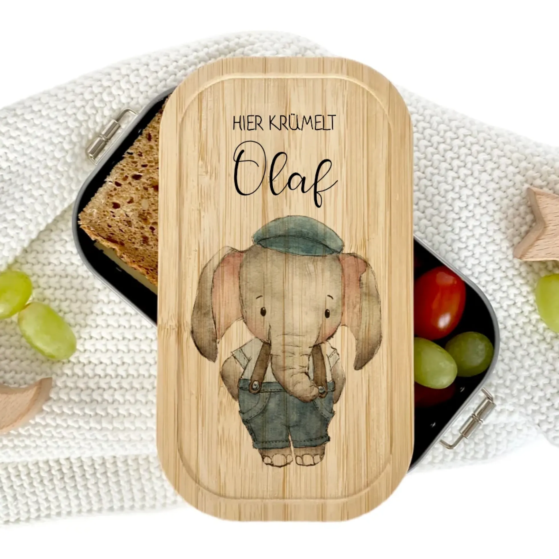 Brotdose "Niedlicher Elefant" wählbar in Edelstahl mit Bambusdeckel und Namen für Kinder | Lunchbox "Tiermotiv" | Personalisiertes Geschenk für Kinder