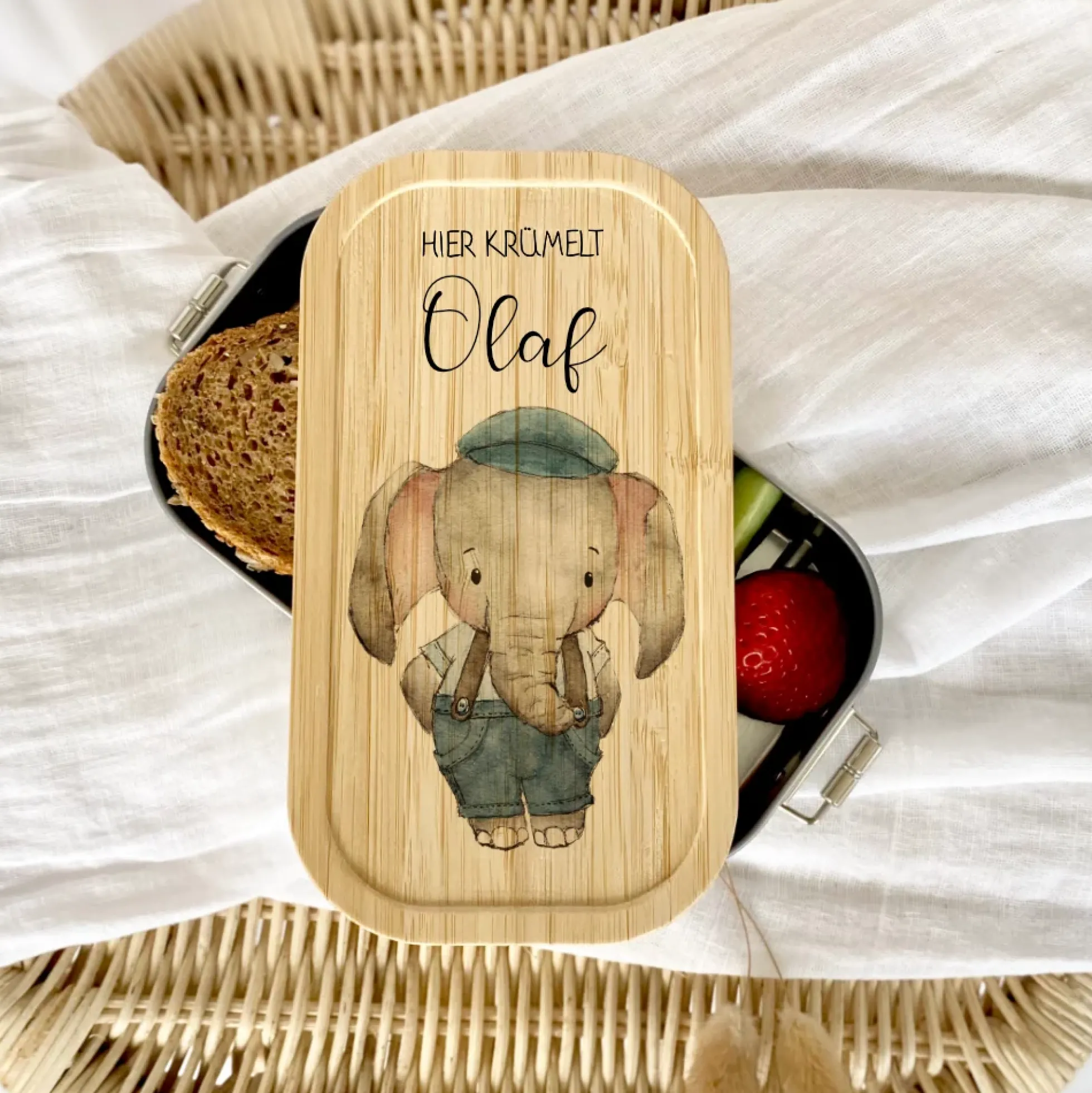 Brotdose "Niedlicher Elefant" wählbar in Edelstahl mit Bambusdeckel und Namen für Kinder | Lunchbox "Tiermotiv" | Personalisiertes Geschenk für Kinder