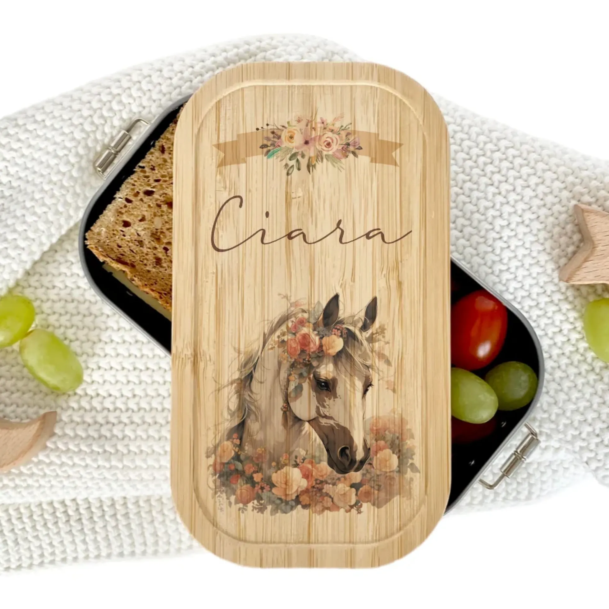 Brotdose "Pferd" wählbar in Edelstahl mit Bambusdeckel und Namen für Mädchen | Brotbox mit Pony | Personalisiertes Geschenk für Kinder