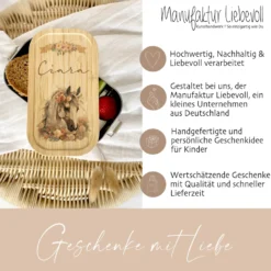 Brotdose "Pferd" wählbar in Edelstahl mit Bambusdeckel und Namen für Mädchen | Brotbox mit Pony | Personalisiertes Geschenk für Kinder