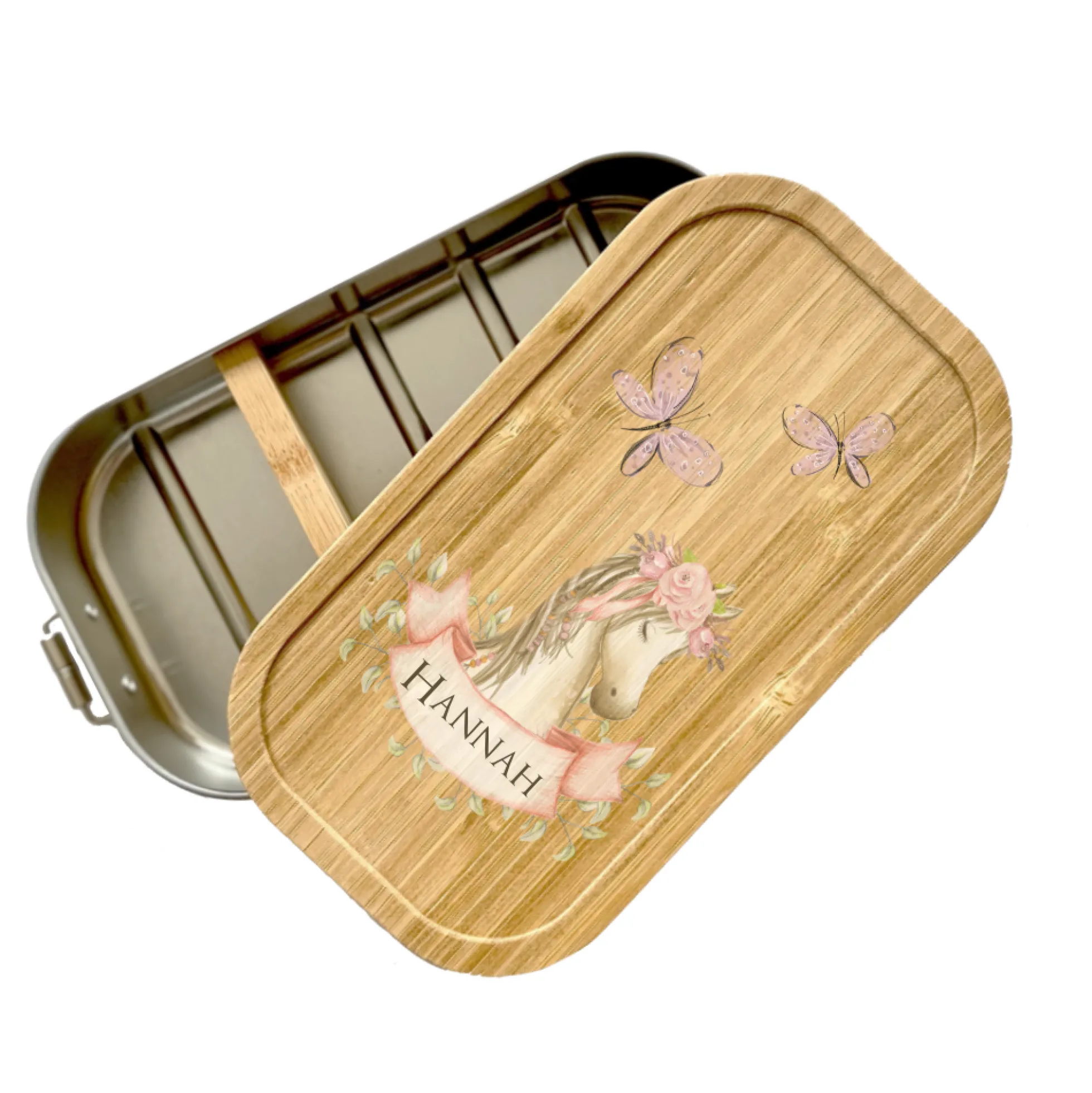 Brotdose "Pony" mit Namen und Bambusdeckel für Mädchen und Jungen | Wählbar in Edelstahl Lunchbox mit Pferd | Personalisierte Geschenkidee für Kinder