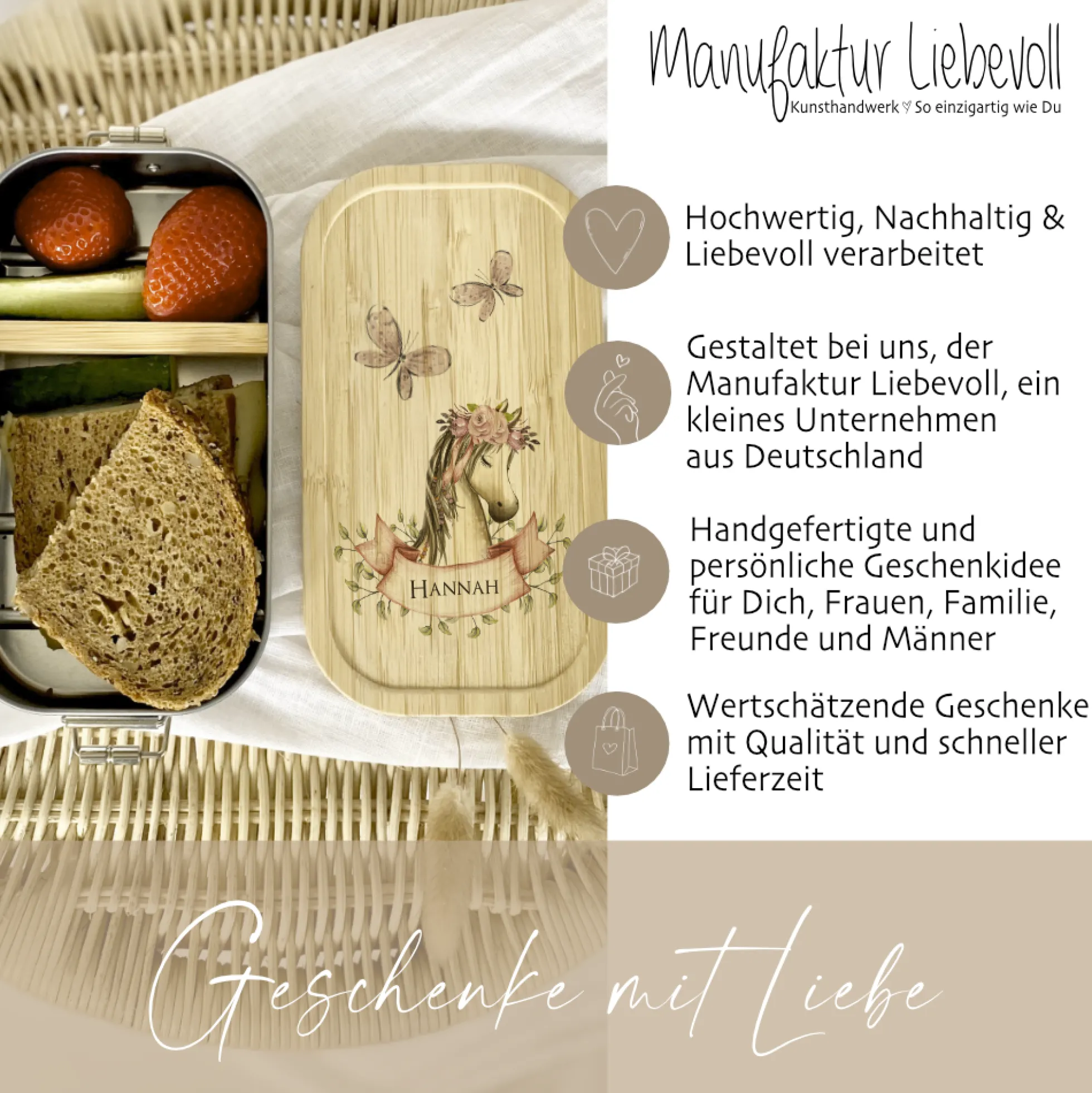 Brotdose "Pony" mit Namen und Bambusdeckel für Mädchen und Jungen | Wählbar in Edelstahl Lunchbox mit Pferd | Personalisierte Geschenkidee für Kinder