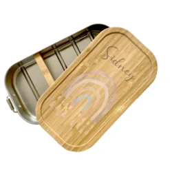 Brotdose "Regenbogen" mit Namen mit Bambusdeckel für Mädchen und Jungen | Lunchbox "Rainbow" | Personalisierte Geschenkidee für Kinder