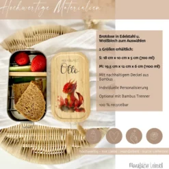 Brotdose "Roter Drache" wählbar in Edelstahl mit Bambusdeckel und Namen für Kinder | Lunchbox "Drache" | Personalisiertes Geschenk für Kinder