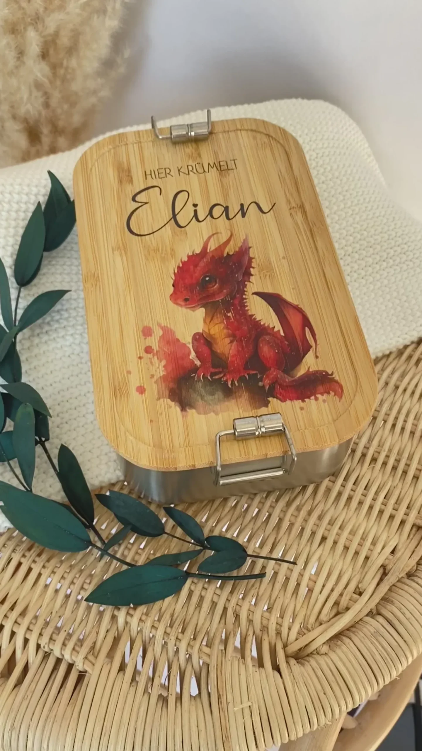 Brotdose "Roter Drache" wählbar in Edelstahl mit Bambusdeckel und Namen für Kinder | Lunchbox "Drache" | Personalisiertes Geschenk für Kinder