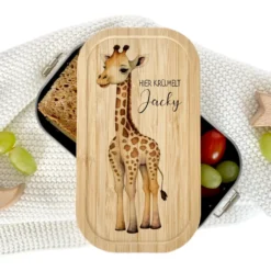Brotdose "Safari" wählbar in Edelstahl mit Bambusdeckel und Namen für Kinder | Lunchbox "Giraffe" | Personalisiertes Geschenk für Kinder