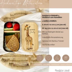 Brotdose "Safari" wählbar in Edelstahl mit Bambusdeckel und Namen für Kinder | Lunchbox "Giraffe" | Personalisiertes Geschenk für Kinder