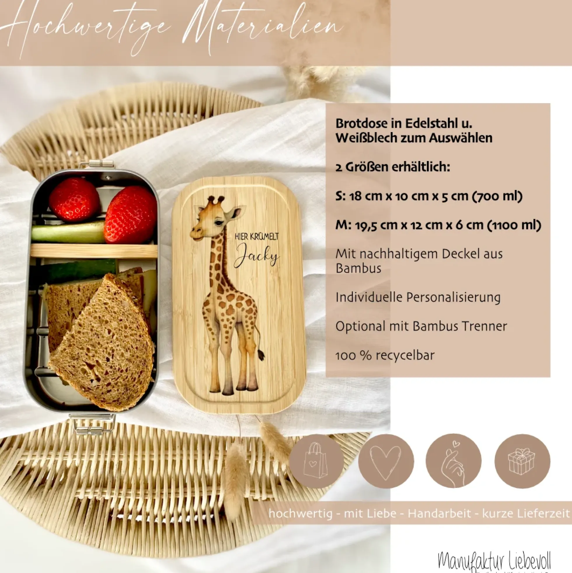 Brotdose "Safari" wählbar in Edelstahl mit Bambusdeckel und Namen für Kinder | Lunchbox "Giraffe" | Personalisiertes Geschenk für Kinder