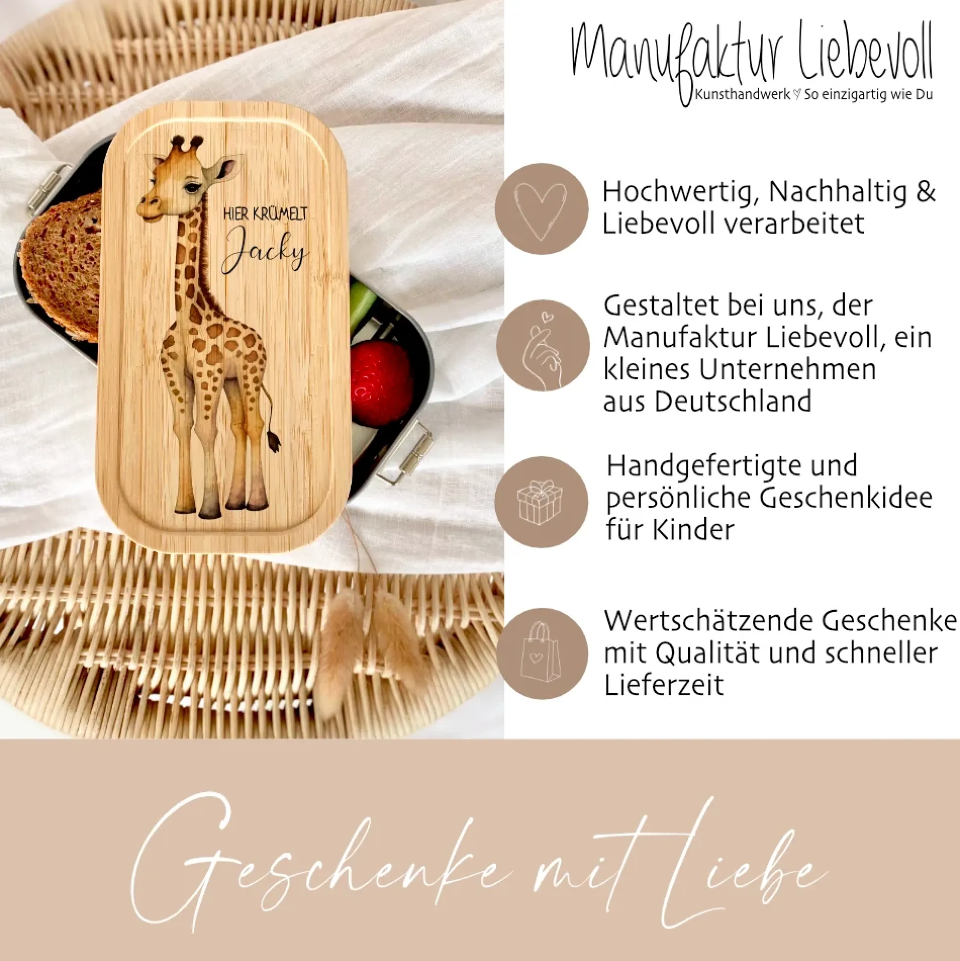 Brotdose "Safari" wählbar in Edelstahl mit Bambusdeckel und Namen für Kinder | Lunchbox "Giraffe" | Personalisiertes Geschenk für Kinder