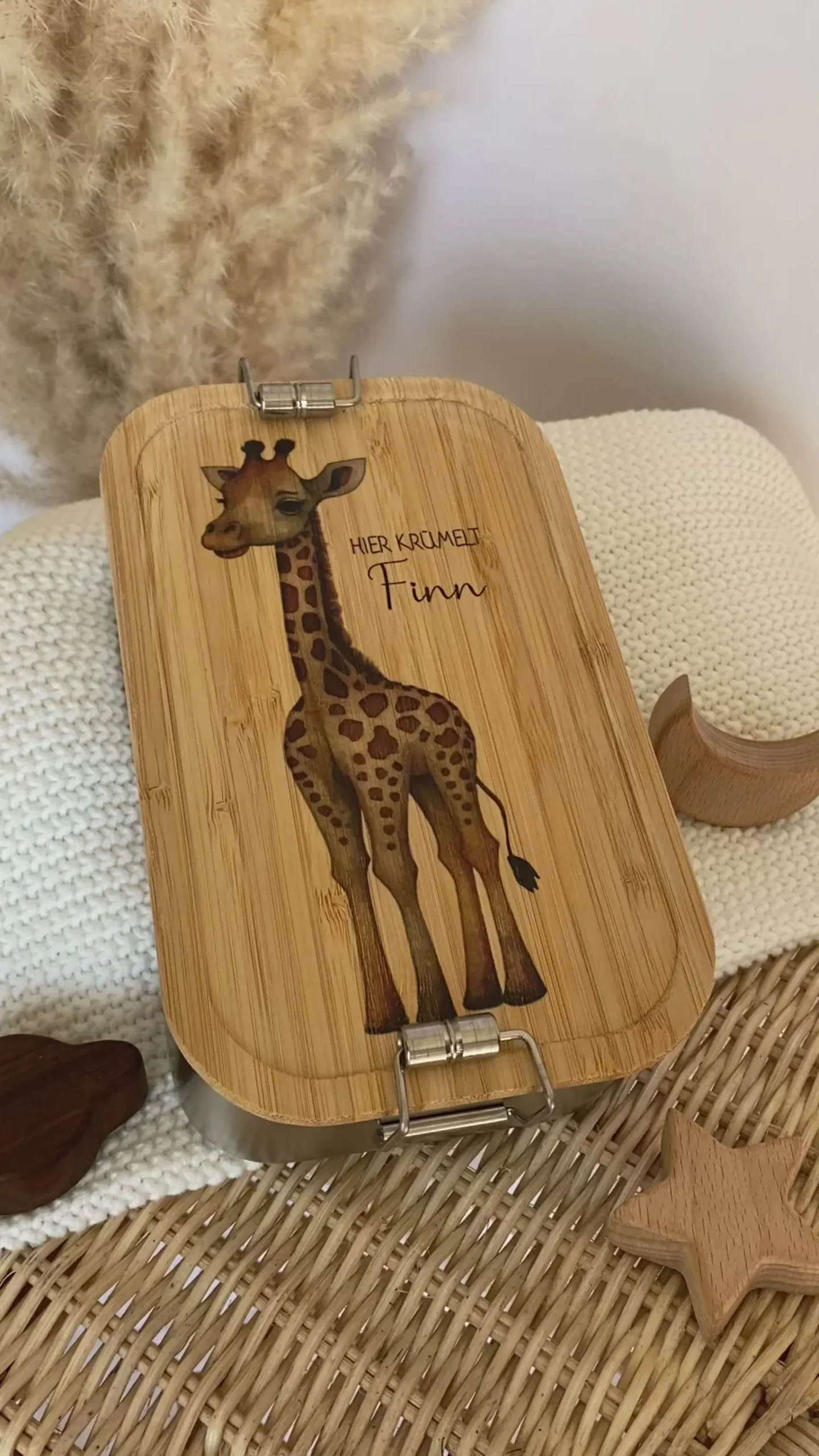 Brotdose "Safari" wählbar in Edelstahl mit Bambusdeckel und Namen für Kinder | Lunchbox "Giraffe" | Personalisiertes Geschenk für Kinder