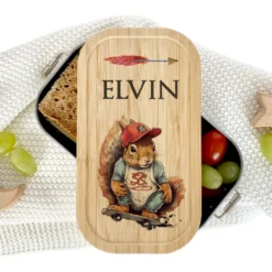 Brotdose "Skater" wählbar in Edelstahl mit Bambusdeckel und Namen für Kinder u. Teenager | Brotdose mit coolem Eichhörnchen Motiv | Personalisiertes Geschenk für Kinder