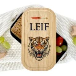 Brotdose "Tiger" wählbar in Edelstahl mit Bambusdeckel und Namen für Kinder u. Teenager | Brotdose mit coolem Tiermotiv | Personalisiertes Geschenk für Kinder