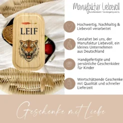 Brotdose "Tiger" wählbar in Edelstahl mit Bambusdeckel und Namen für Kinder u. Teenager | Brotdose mit coolem Tiermotiv | Personalisiertes Geschenk für Kinder