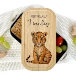brotdose "Tiger" wählbar in Edelstahl mit Bambusdeckel und Namen für Kinder | Brotdose mit Tiger | Personalisiertes Geschenk für Kinder