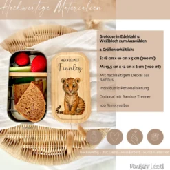 brotdose "Tiger" wählbar in Edelstahl mit Bambusdeckel und Namen für Kinder | Brotdose mit Tiger | Personalisiertes Geschenk für Kinder