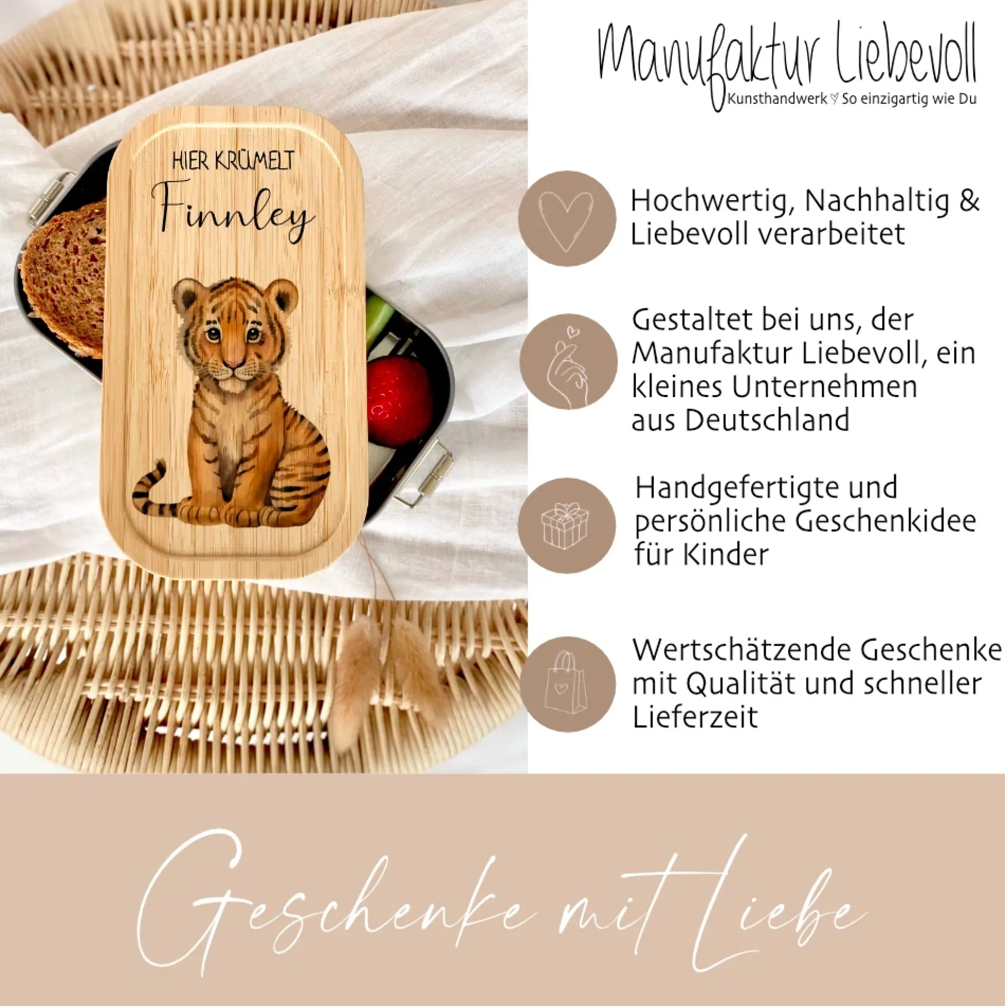 brotdose "Tiger" wählbar in Edelstahl mit Bambusdeckel und Namen für Kinder | Brotdose mit Tiger | Personalisiertes Geschenk für Kinder