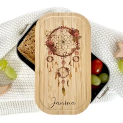 Brotdose "Traumfänger" mit Bambusdeckel und Namen für Frauen | Lunchbox mit Traumfänger | Wählbar in Edelstahl | Personalisierte Geschenkidee fürs Büro, Freizeit, Reisen, Achtsamkeit