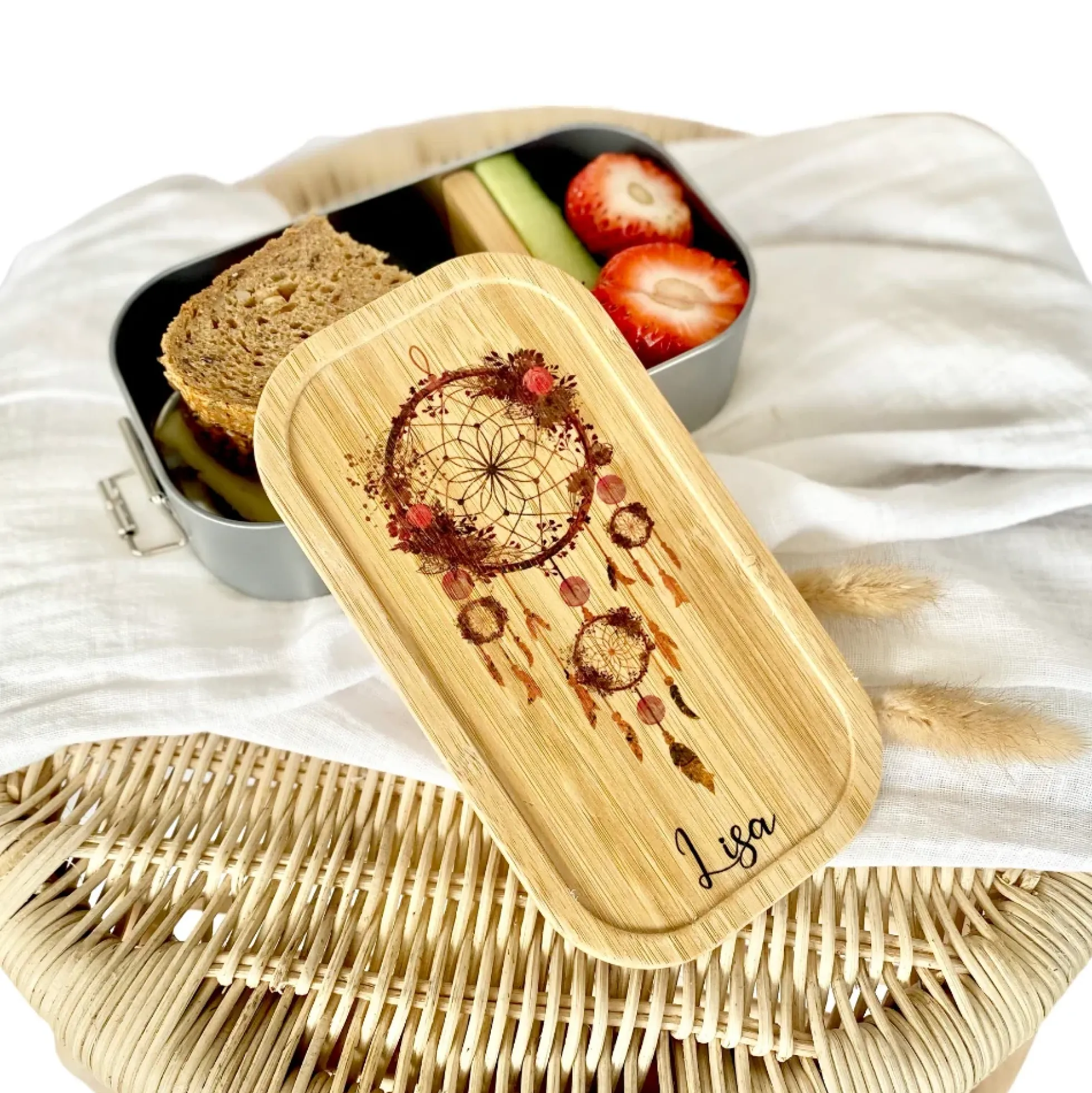 Brotdose "Traumfänger" mit Bambusdeckel und Namen für Frauen | Lunchbox mit Traumfänger | Wählbar in Edelstahl | Personalisierte Geschenkidee fürs Büro, Freizeit, Reisen, Achtsamkeit