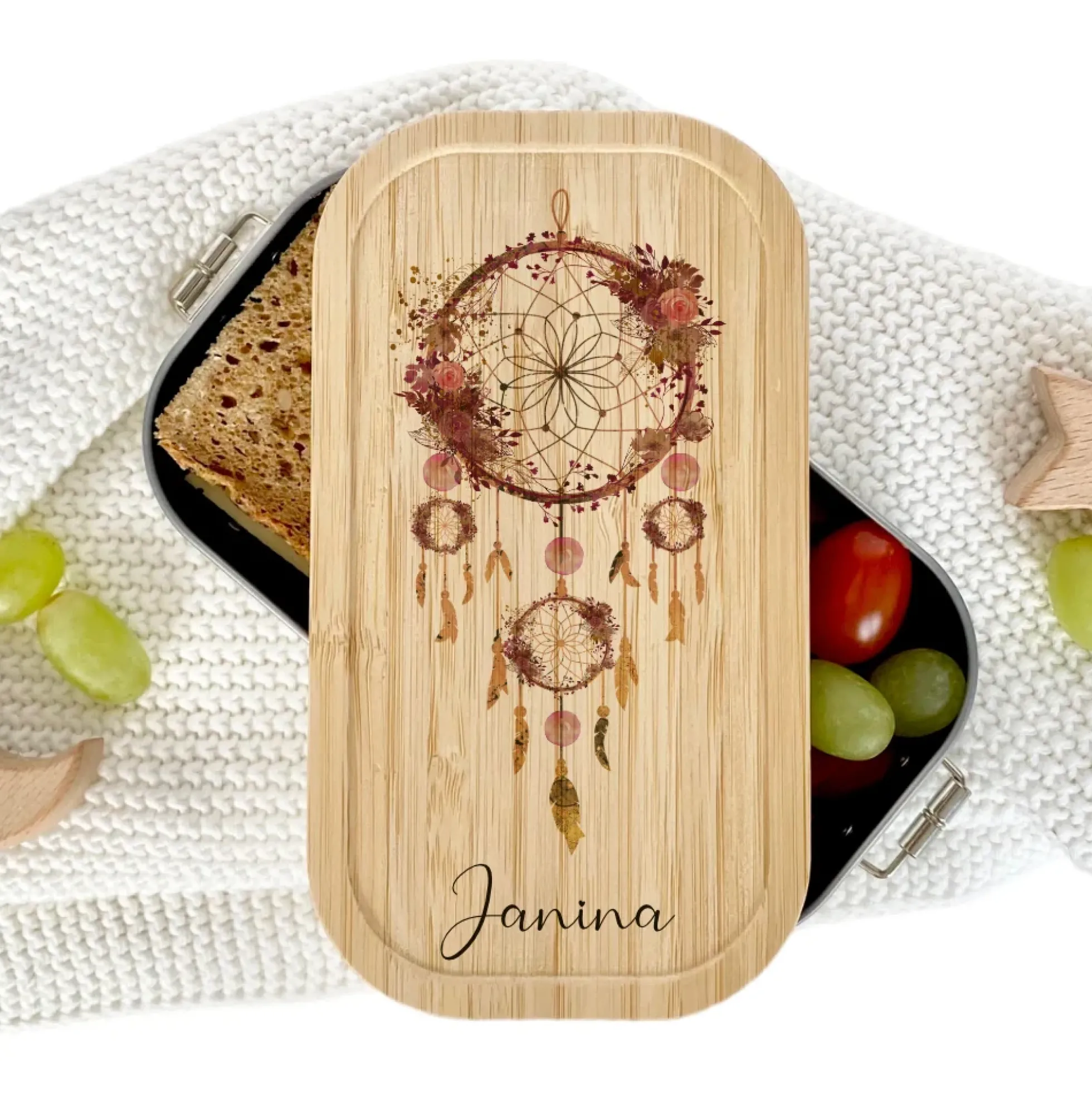 Brotdose "Traumfänger" mit Bambusdeckel und Namen für Frauen | Lunchbox mit Traumfänger | Wählbar in Edelstahl | Personalisierte Geschenkidee fürs Büro, Freizeit, Reisen, Achtsamkeit
