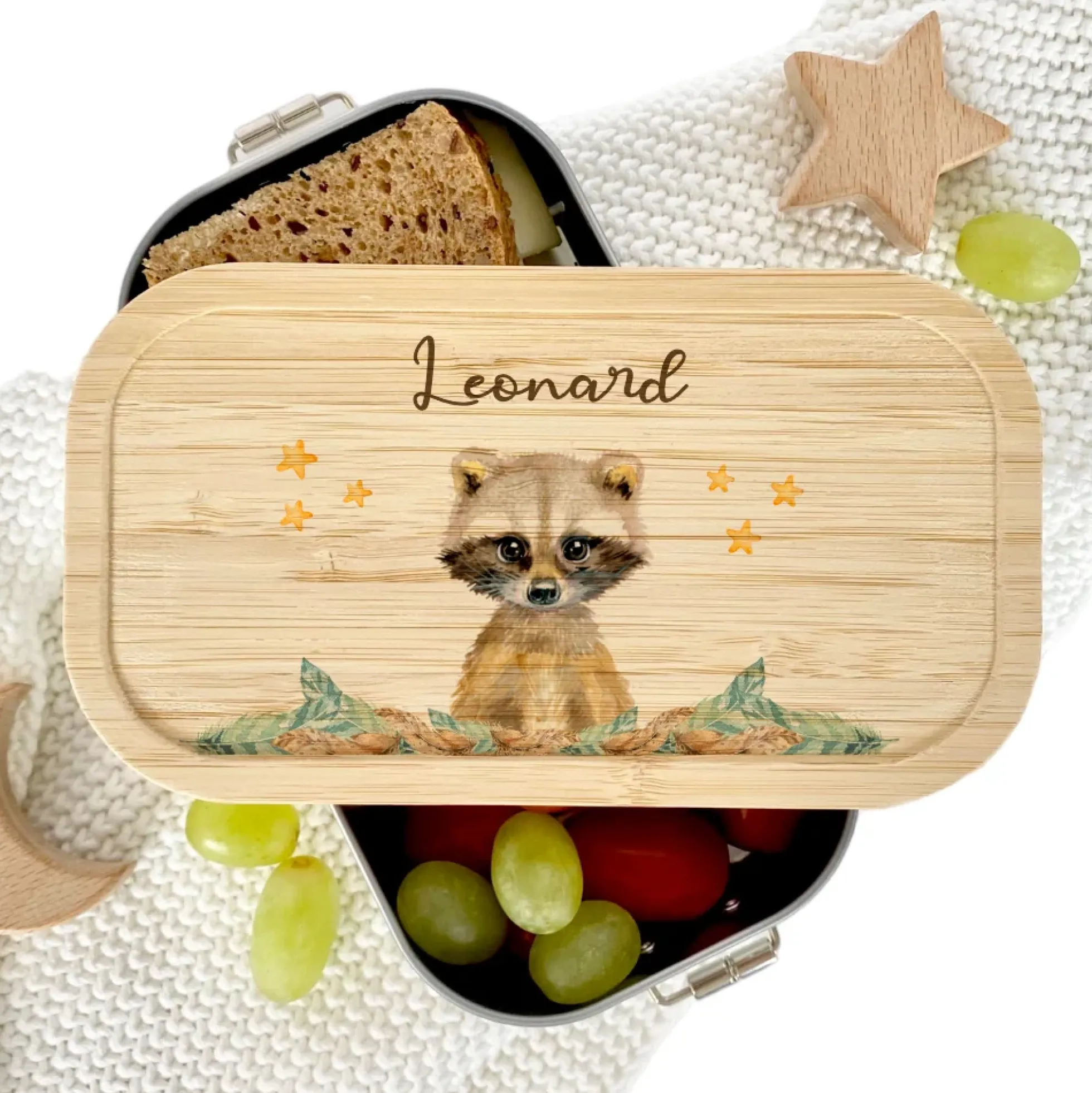Brotdose Waschbär mit Namen für Kinder | Lunchbox mit Tiermotiv für Jungen und Mädchen | Kindergarten und Schule | Personalisiertes Geburtstagsgeschenk