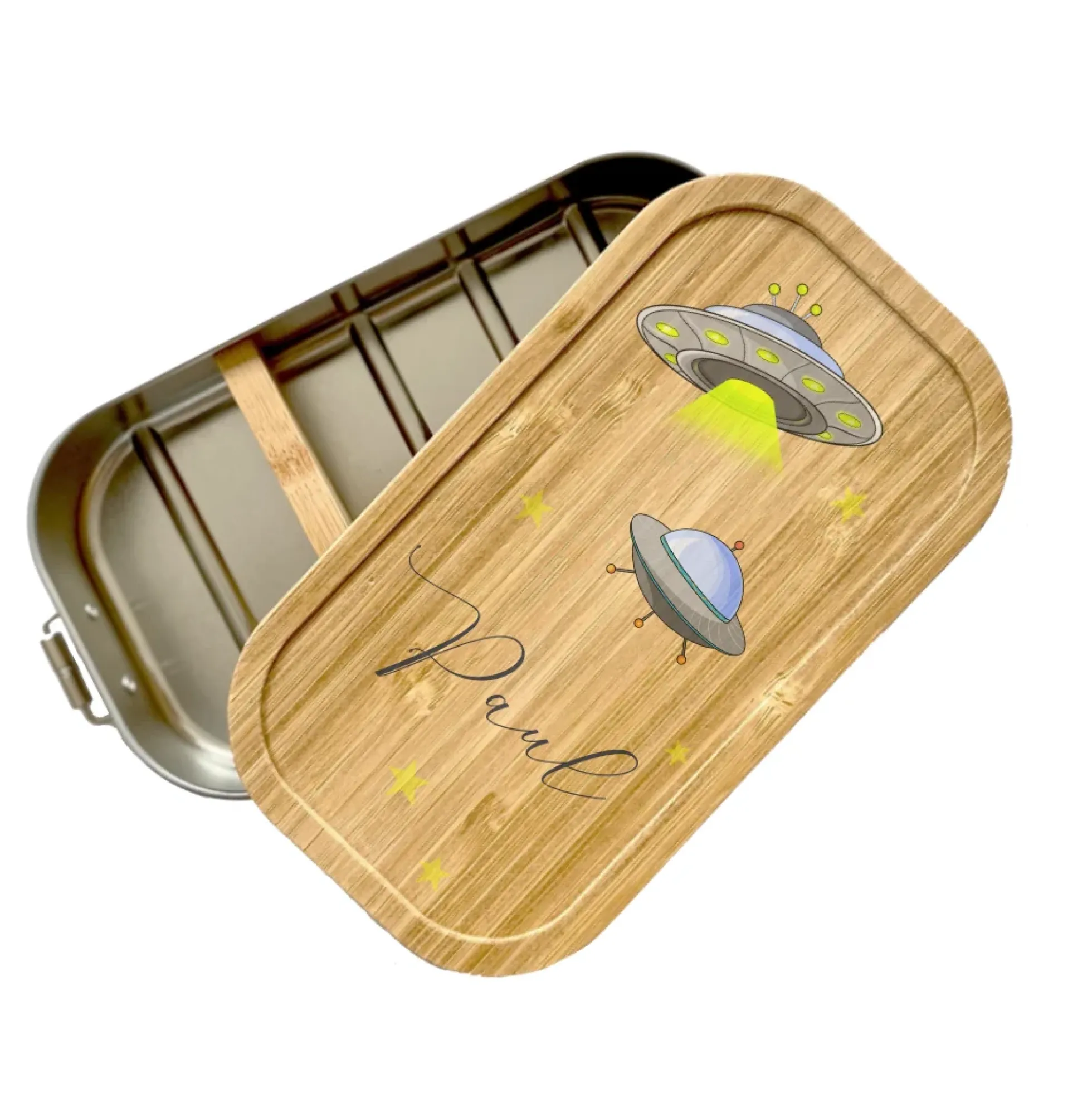 Brotdose "Weltall" mit Bambusdeckel für Kinder mit Namen | Personalisierte Lunchbox | Geschenkidee für Kinder