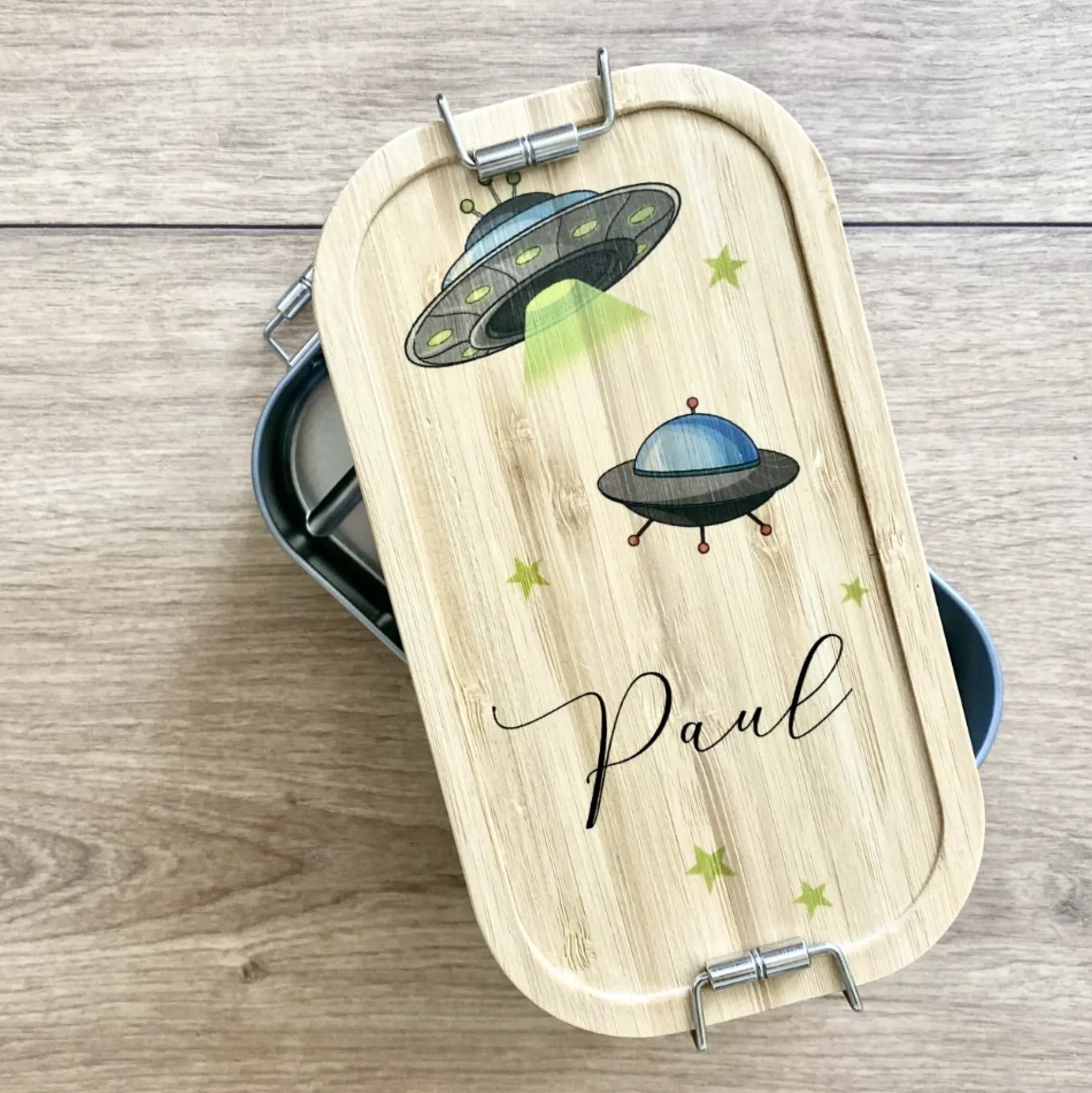 Brotdose "Weltall" mit Bambusdeckel für Kinder mit Namen | Personalisierte Lunchbox | Geschenkidee für Kinder