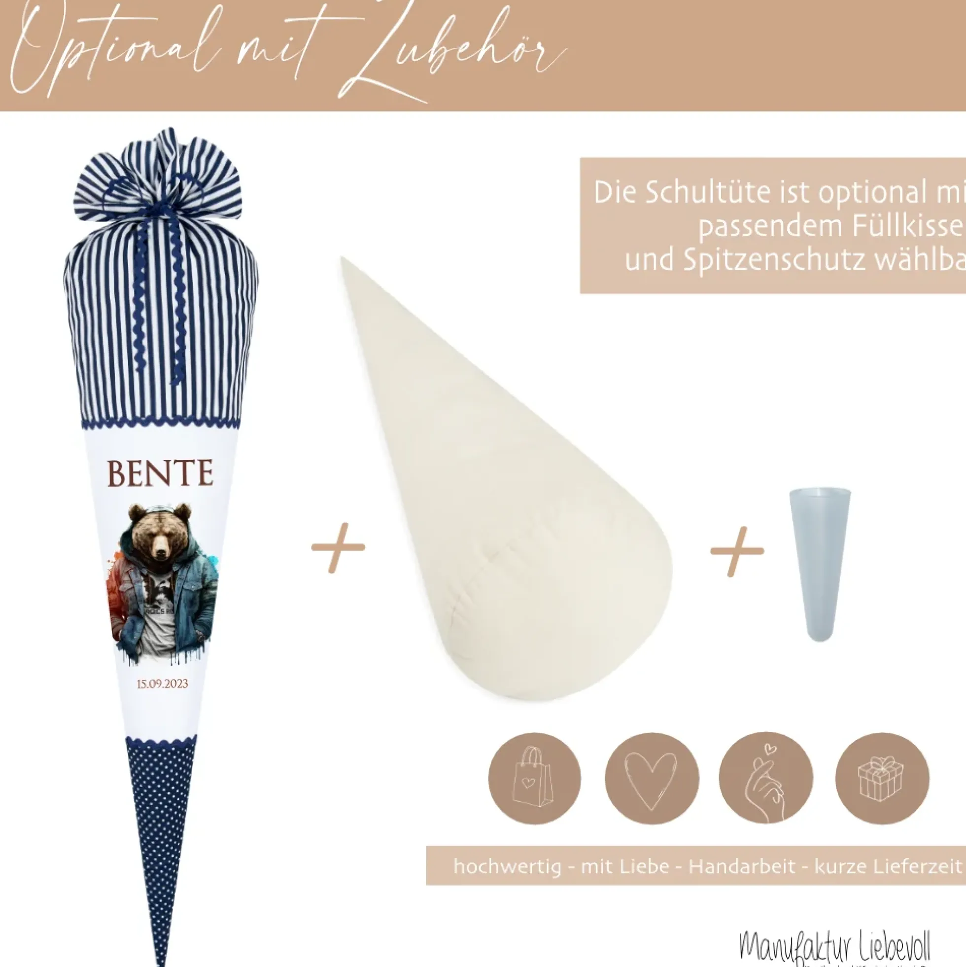 Coole blaue Bären Stoff Schultüte für Jungen mit Namen handgenähte Tier Zuckertüte Einschulungstüte Einschulungsdatum 70 cm | Optional mit Füllkissen und Spitzenschutz