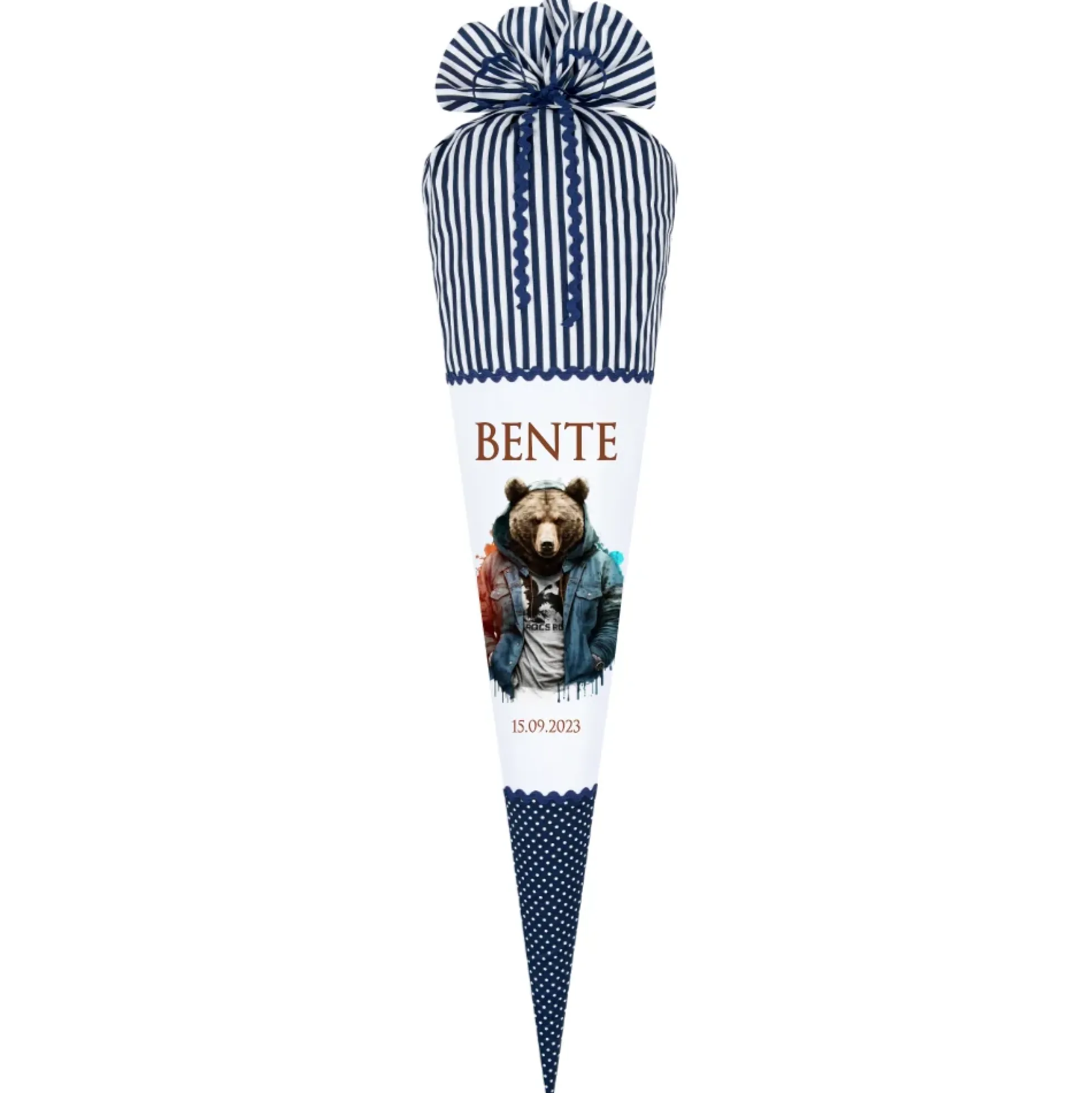 Coole blaue Bären Stoff Schultüte für Jungen mit Namen handgenähte Tier Zuckertüte Einschulungstüte Einschulungsdatum 70 cm | Optional mit Füllkissen und Spitzenschutz