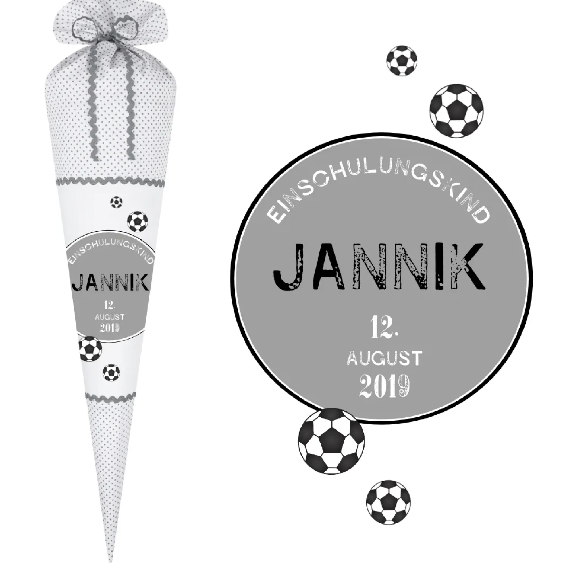 Coole Stoffschultüte für Jungen | Schultüte für Fußballfans aus Stoff mit dem Namen und Fußbällen handgefertigt | Optional mit Füllkissen und Spitzenschutz